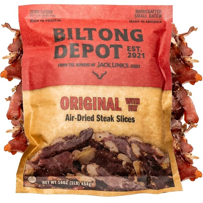 Biltong Depot Original Beef Biltong Slices with Fat – 1lb (16oz) | Air-Dried Beef Jerky Snack | High Protein | Zero Sugar | Keto &amp Paleo Friendly | Gluten Free | No Artificial Preservatives | No M