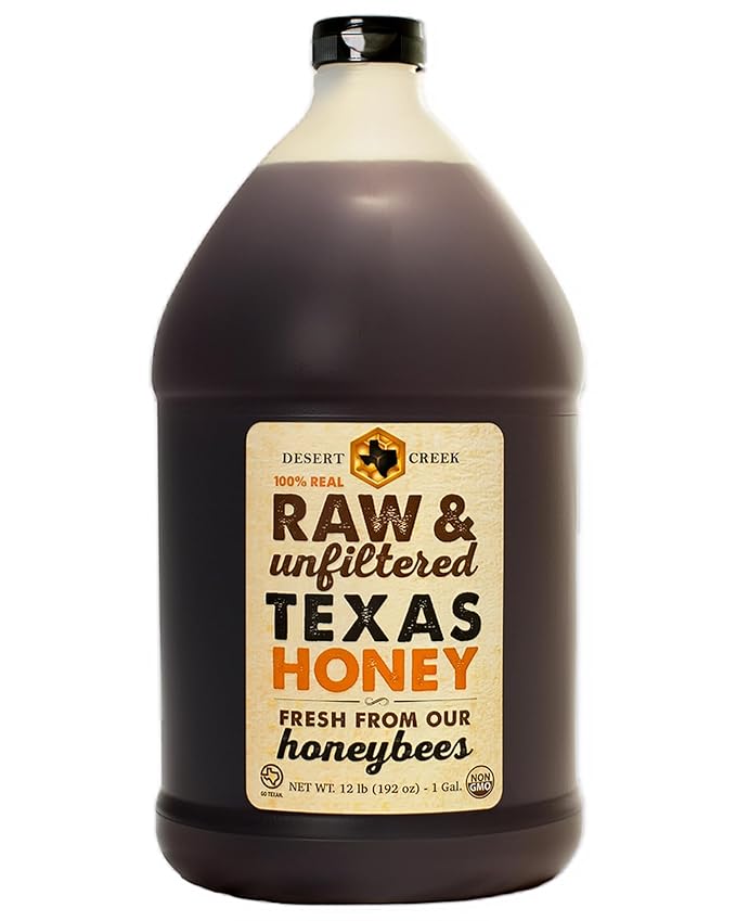 Desert Creek Honey - 100% Unfiltered Pure Raw Honey from Texas - Natural Sugar Substitute - One Gallon of Bulk Unprocessed Unpasteurized American Honey - Harvested by Our Own Beekeepers