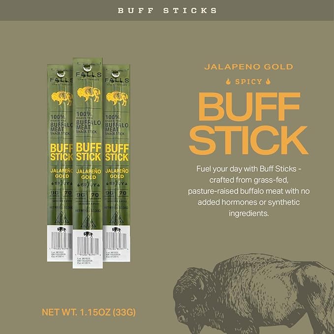 Grass-Fed Buffalo Meat Snack Sticks Jalapeno Gold Spicy by Falls Family Ranches 12 Pack 1.15oz Stick Carton 9g Protein 1g Sugar 70 Calories