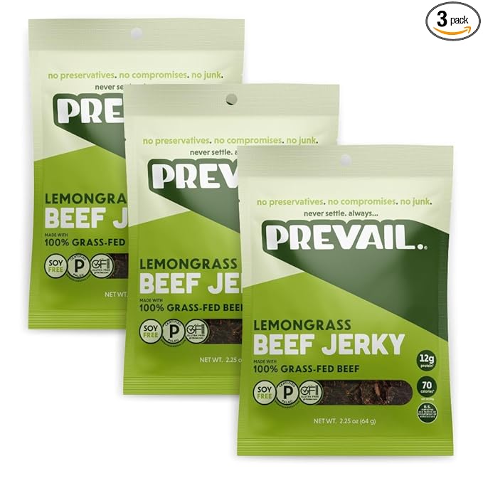 PREVAIL Lemongrass Grass-Fed Beef Jerky | Gluten Free | 100% Grass-Fed | High Protein Snacks | Free of Preservatives | No GMO's | Pack of (3) Bags | 2.25oz