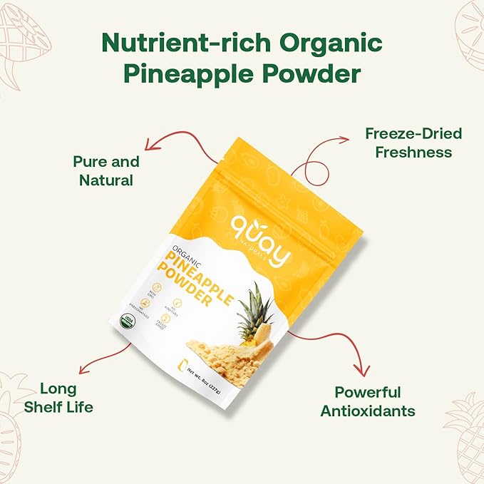 Quay Naturals Organic Pineapple Powder 8oz USDA Organic Freeze-Dried Pineapple Fruit Powder No Additives Gluten-Free