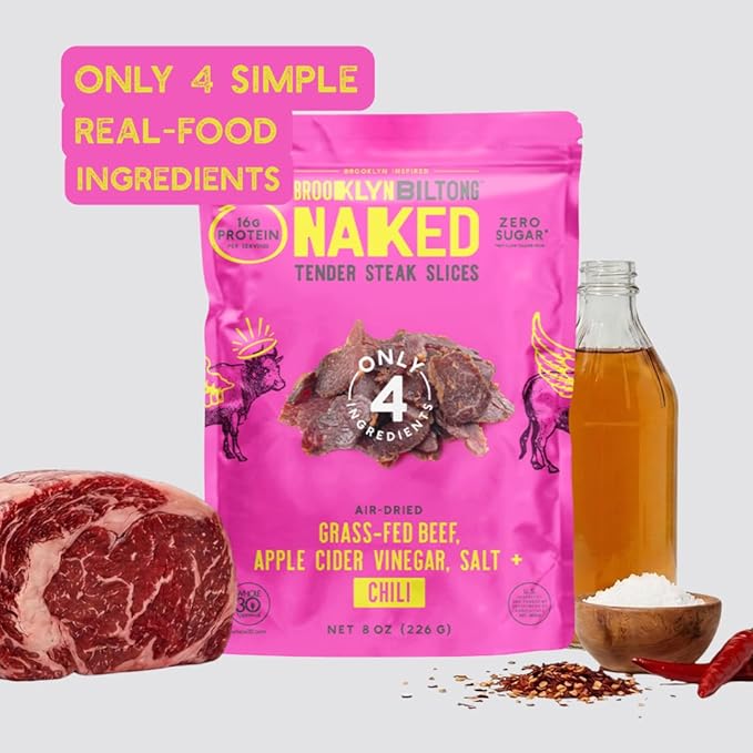 Brooklyn Biltong Air Dried Grass Fed Beef Snack South African Beef Jerky (8 oz Pack of 2) - Whole30 Approved Paleo Keto Gluten Free Sugar Free Made in USA - (Naked Chili)