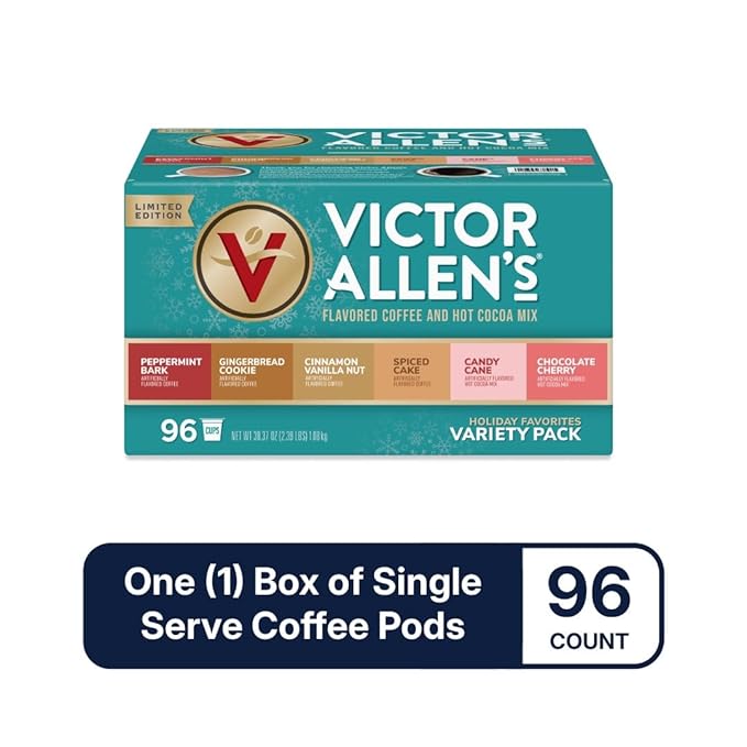 Victor Allen's Coffee Holiday Favorites Coffee &amp Hot Cocoa Variety Pack 96 Count Single Serve Cups &amp Coffee Pods for Keurig K-Cup Brewers