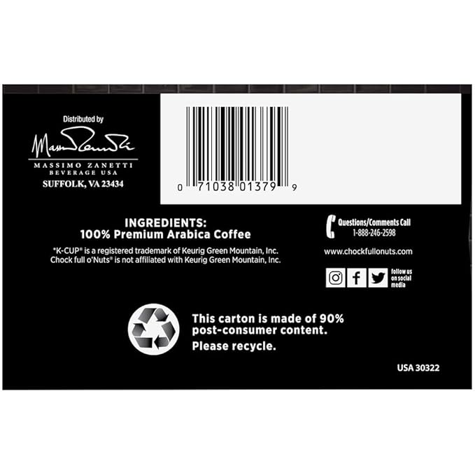 Chock Full o’Nuts Donut Shop Medium Roast K-Cups – Compatible with Keurig Pods K-Cup Brewers (4 Packs of 12 Single-Serve Cups)