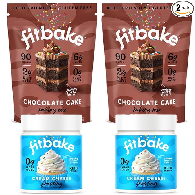 FitBake Chocolate Cake Baking Mix and Cream Cheese Frosting Bundle | 0g to 2g Net Carbs Per Serving | Keto Friendly Low Carb Food | Gluten Free Desserts | No Added Sugar