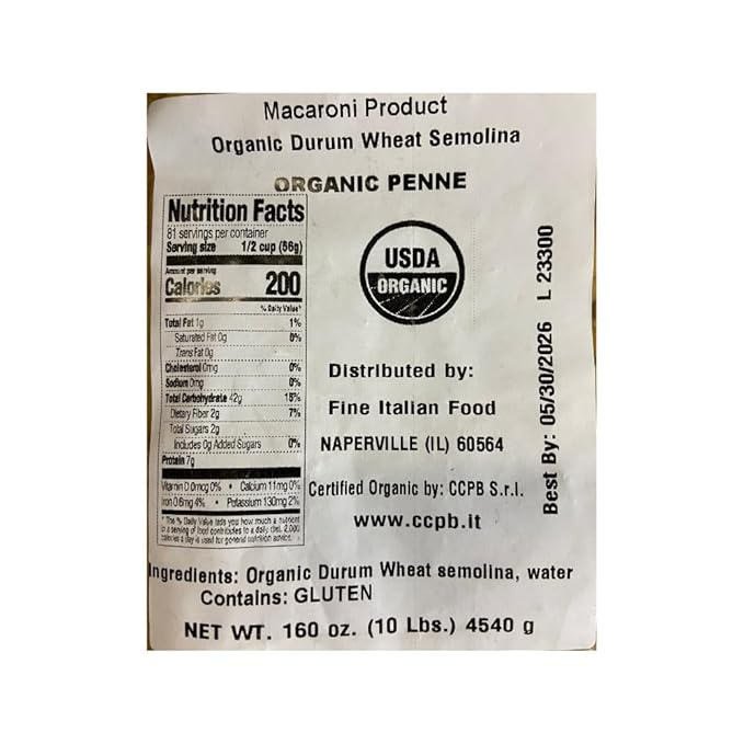 Mantova Organic Penne Rigate Pasta 160 oz. (10 lbs.) (Pack of 1) Product of Italy Traditional Bronze-Die Slow-Dried Pasta Made with 100% Italian All-Natural Durum Wheat Semolina Bulk Pasta for