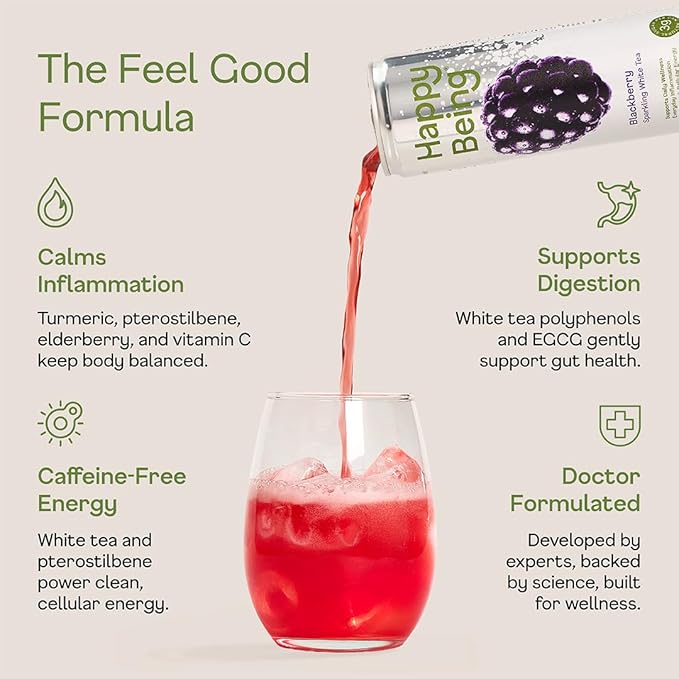 Happy Being Blackberry Sparkling White Tea – Antioxidant &amp Polyphenol Rich Infused with Turmeric Elderberry Caffeine Free Plant-Based Low Sugar &amp Low Calorie Drinks 12oz (16 Pack)