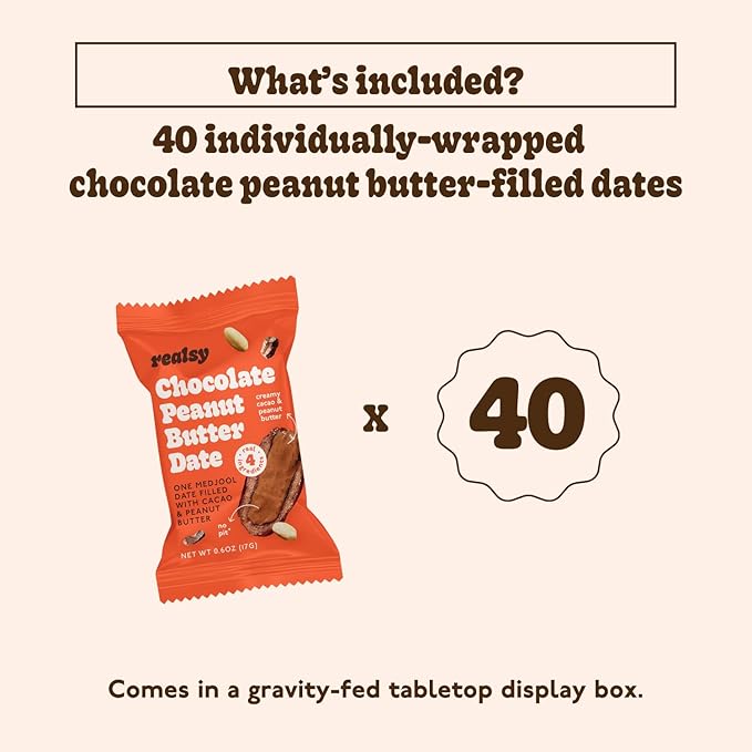 Realsy Stuffed Medjool Dates Organic Dates with No Sugar Added Gluten-Free Vegan All Natural Healthy Snack Single Wrapped (40 ct) (Chocolate Peanut Butter)