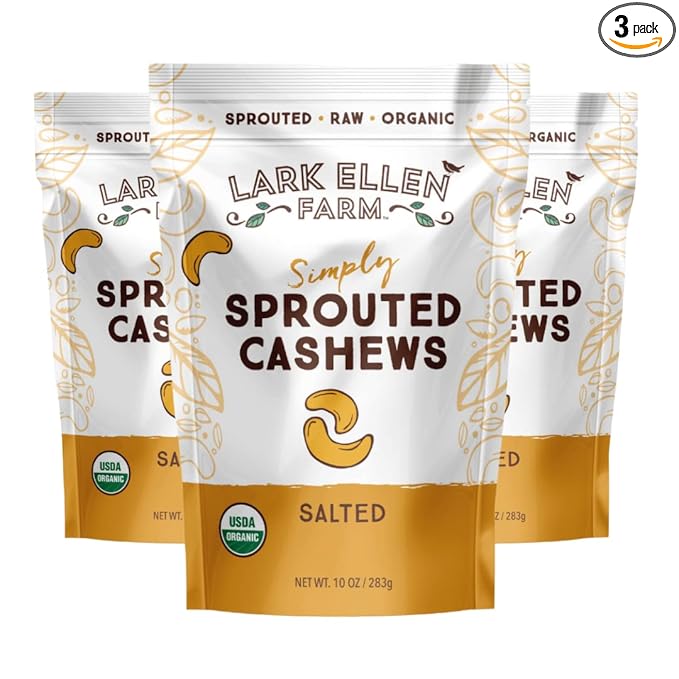 Lark Ellen Farm Sprouted Salted Cashews - Non GMO Healthy Keto Snacks Paleo Gluten Free Vegan Certified Organic Nut Sugar Free High Protein Kosher Low Glycemic 10 oz - 3 pack