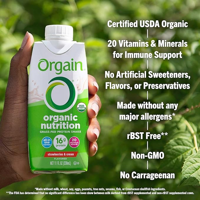 Orgain Clean Protein Shake Grass Fed Dairy Vanilla Bean (Pack of 12) and Orgain Organic Nutritional Protein Shake Strawberries &amp Cream (Pack of 12)