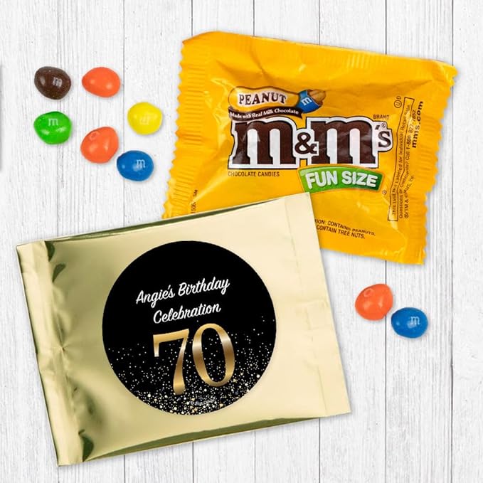 12ct Personalized 70th Birthday Candy Favors for Guests Peanut M&ampM's Fun Size Candy Bags (12 Pack) - Gold Foil - (3 x 4in) Party Supplies