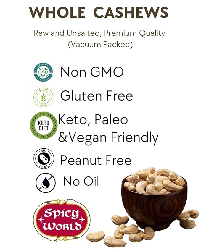 Spicy World Raw Cashews 5 LB (80oz) Bulk - Non-GMO Gluten Free Peanut Free No Additives Unsalted Natural &amp Pure Whole Cashews - Great for Pesto Salads Baking Roasting &amp Cooking