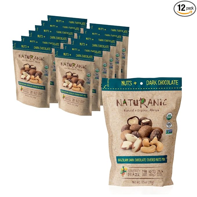 Naturanic Brazilian Dark Chocolate Covered Nuts Snack No sugar Keto friendly Net Carb Zero All NAtural Organic Vegan - Pack of 12