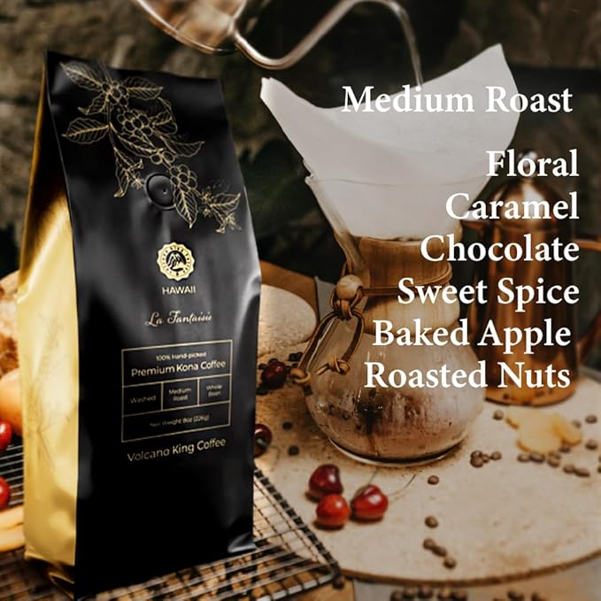 Hawaiian Kona Coffee Whole Beans100% Kona Single OriginExtra Fancy Top Grade Medium Roast 100% Hand Picked from Our Coffee Estate in Hawaii(La Fantaisie8 oz)
