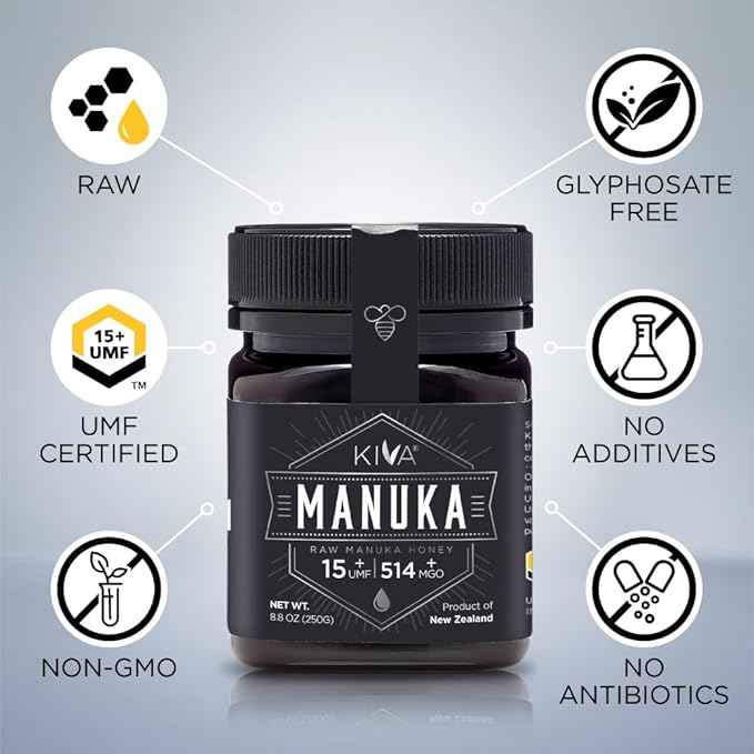 Kiva Raw Manuka Honey - Certified UMF 15+ MGO 514+ 100% Pure Genuine New Zealand Non-GMO Traceable (8.8oz/250g Bottle)