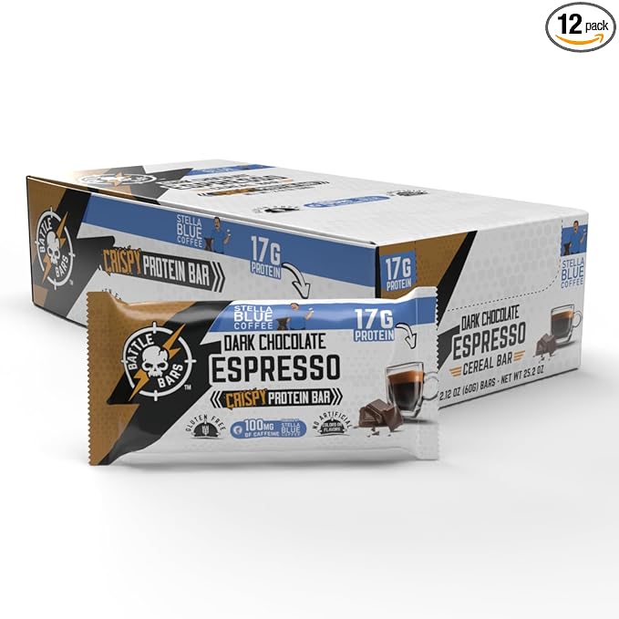 Battle Bars Crispy Protein Bar 17g Protein 100g Caffeine per serving - Gluten Free No Artificial Flavors or Colors - Veteran Founded - Dark Chocolate Espresso (60g) 12 Count