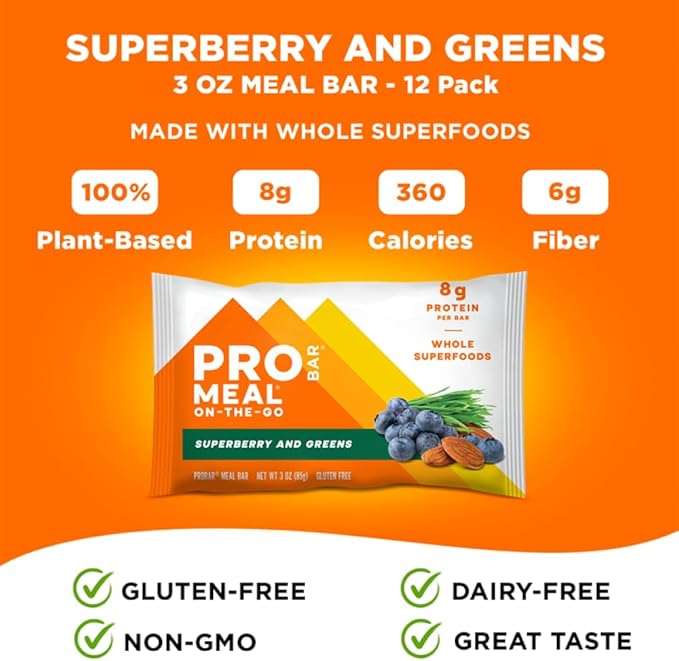 PROBAR - MEAL Bar Superberry &amp Greens Non-GMO Gluten-Free Healthy Plant-Based Whole-Food Ingredients Natural Energy (12 Count)