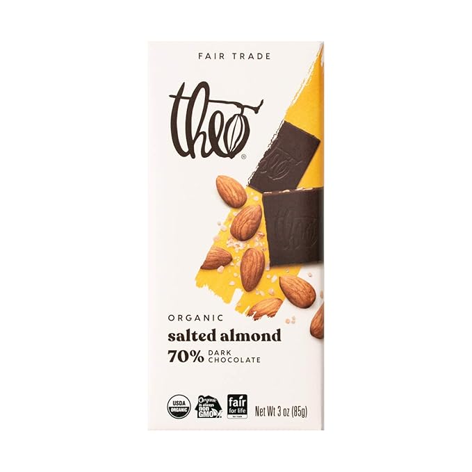 Theo Chocolate Salted Almond Organic Dark Chocolate Bar 70% Cacao 12 Pack | Vegan Fair Trade