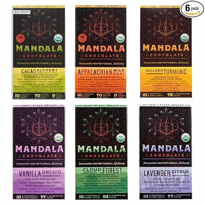 Mandala Superfood Bean-to-Bar Chocolate (2.2 oz Bar) Organic Paleo Keto Artisan Healthy Vegan Made with Adaptogens (Variety 6-pack)