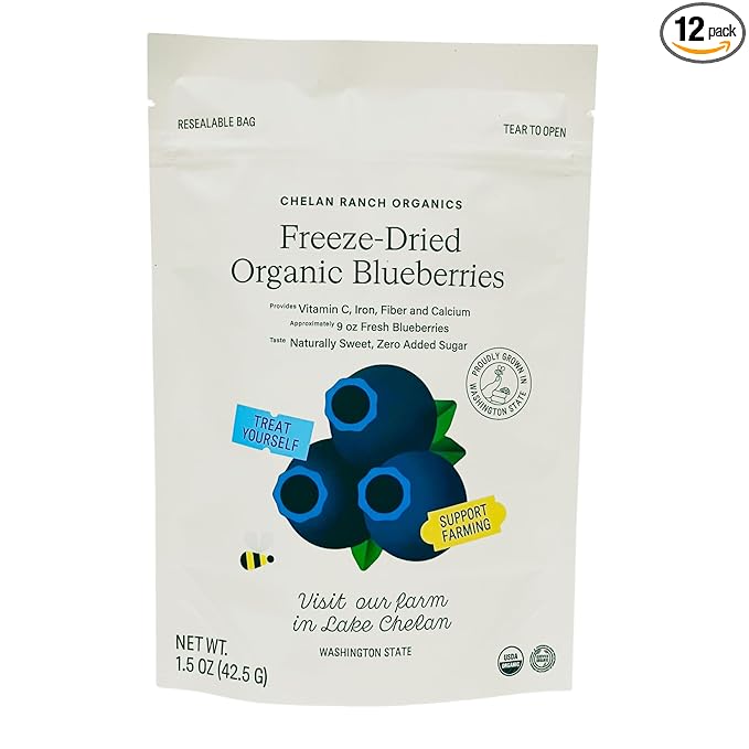 Chelan Ranch Organics Premium Freeze-Dried Organic Blueberries Non-GMO &amp Vegan 1.5 Ounce Bag (12-Pack)