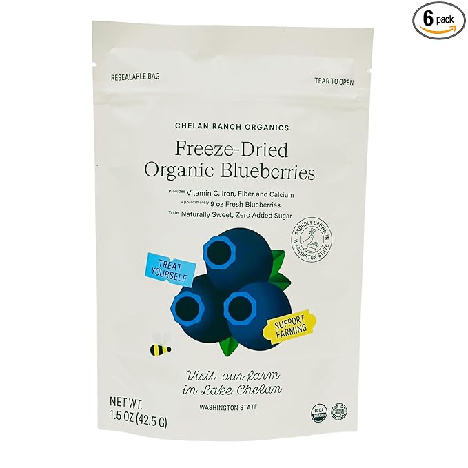 Chelan Ranch Organics Premium Freeze-Dried Organic Blueberries Non-GMO &amp Vegan 1.5 Ounce Bag (6-Pack)
