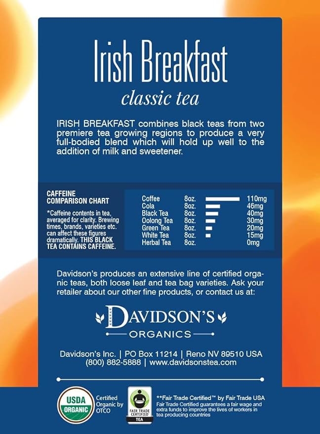Davidson's Organics Irish Breakfast 8-count Tea Bags Pack of 12