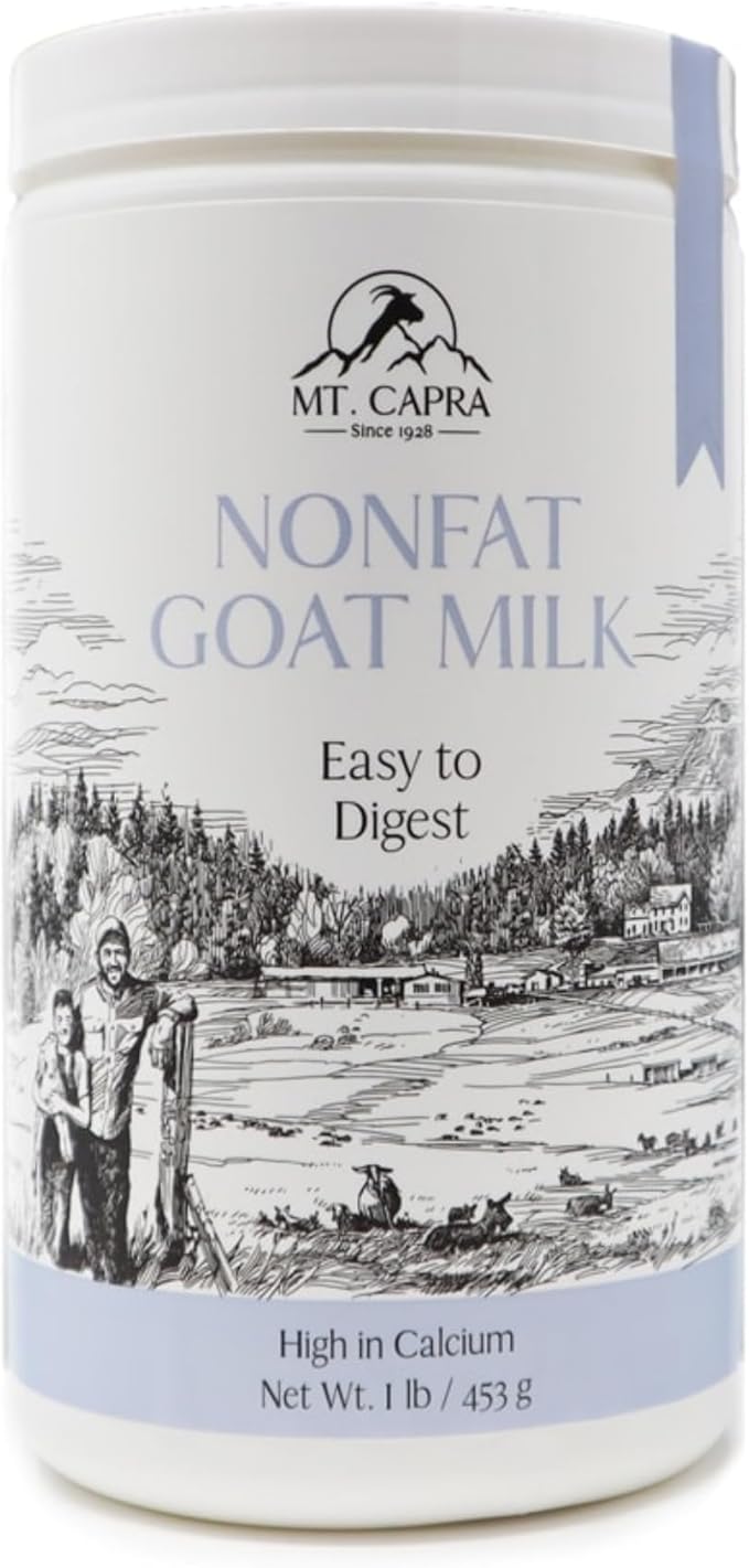 Mt. Capra Non-Fat Goat Milk | Powder from Non-GMO Grass-Fed Goats Creamy Great Tasting Easy to Digest A2 Milk | 16 Servings - 1 Pound
