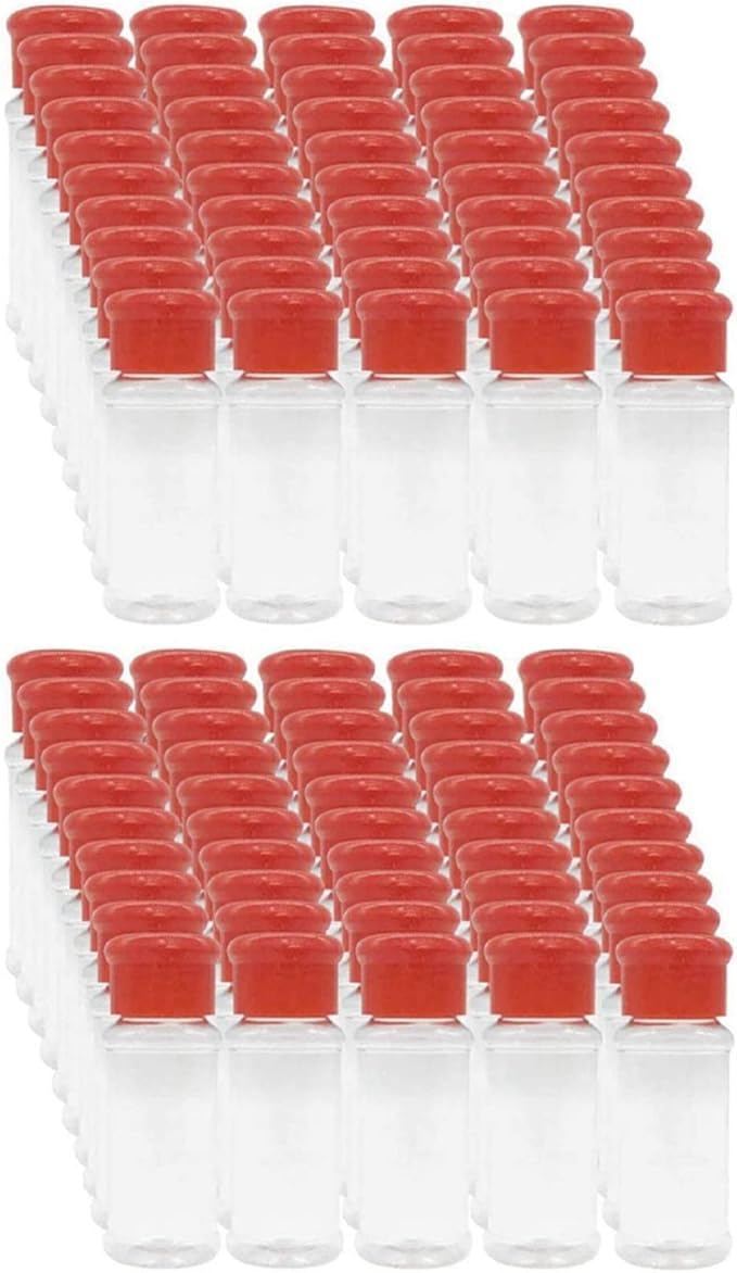 100 Empty Plastic Spice Bottles for Storing Barbecue Seasoning Salt Pepper Etc. 100Ml / 3.3Oz Red