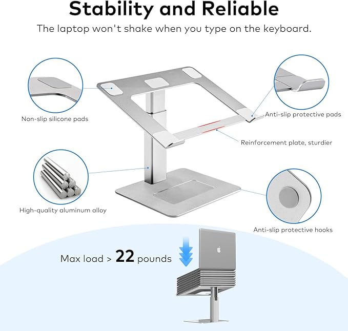 Laptop Stand for Desk Ergonomic Aluminum Laptop Stand Adjustable Height from 7-15 Sitting and Standing Laptop Riser for 10-17 Notebook