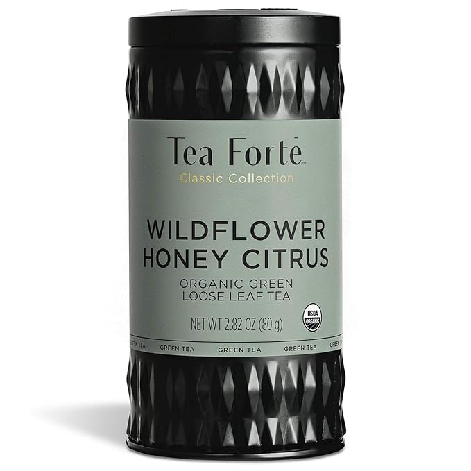 Tea Forte Wildflower Honey Citrus Premium Loose Leaf Caffeinated Green Tea Blend Canister Makes 35-50 Cups Round Canister
