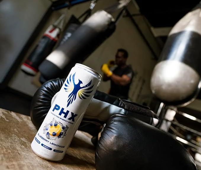 PHX Hydration Energy Drink - 700mg Electrolytes 200mg Natural Green Tea Caffeine 100% Daily Value 8 Essential Vitamins - 12 oz Cans (12 Pack) (12 Pack Blueberry Lemonade)