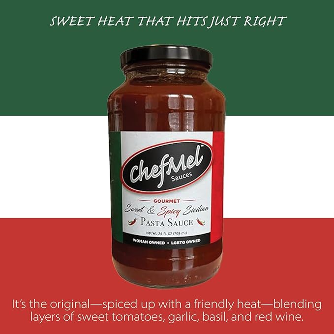 ChefMel’s Spicy Sicilian-Style Pasta Sauce - Bold &amp Sweet Marinara with a Fiery Chili Kick - Handcrafted Italian Tomato Sauce - Gluten-Free - Gourmet Flavor for Pasta Pizza &amp More - 24oz Jar