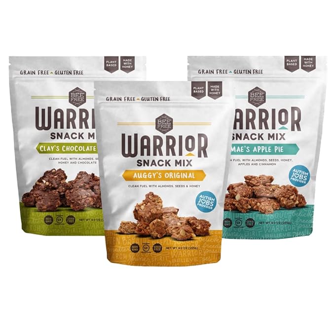 BeeFree Warrior Mix Gluten Free Granola - Chunky Granola Bites | Paleo Low Carb Grain Free Preservative Free Oat Free | Granola for Yogurt Low Calorie Snack | Variety Pack 9 Oz Bags 3 Pack