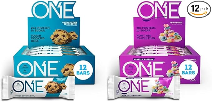 ONE Protein Bars Chocolate Chip Cookie Dough &amp Fruity Cereal Gluten Free Protein Bars with 20g Protein 12 Pack Bundle