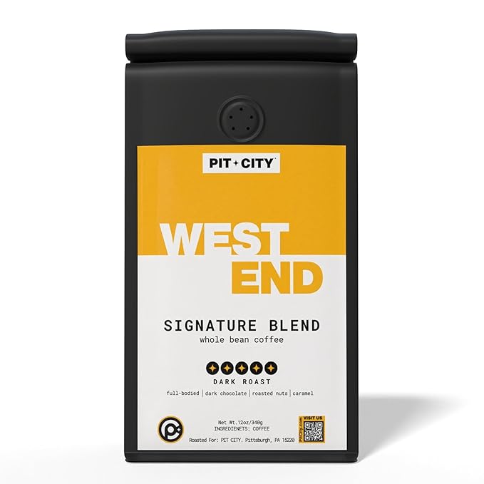 Pit City West End Signature Blend Dark Roast Whole Bean Coffee 12oz Bag - Full Bodied Roasted Nuts Caramel and Dark Chocolate Notes - Premium Small Batch Roasted - Pittsburgh