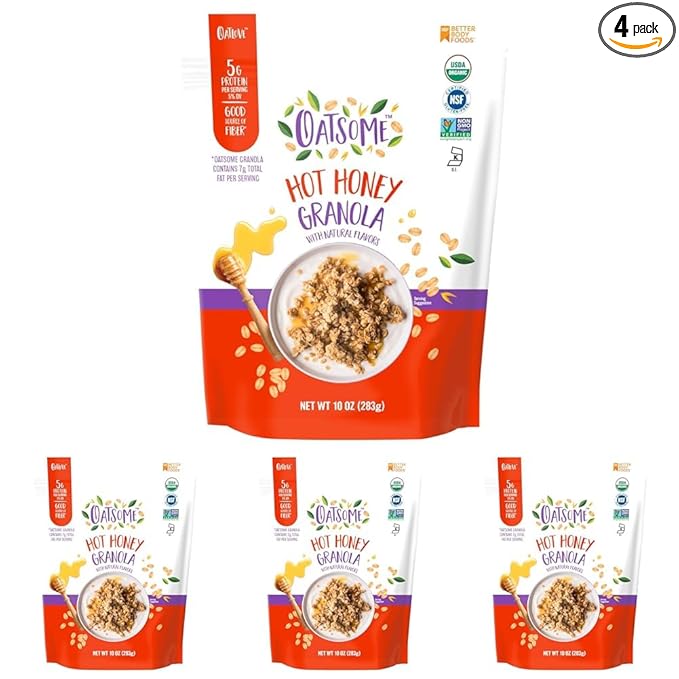 Oatsome Hot Honey Granola 5g Protein Gluten Free Made with Real Honey Whole Grain Organic Oats &amp Chili Pepper Flavor for Protein Snacks Cereals Breakfast Yogurt 10 Oz Bag (Pack of 4)