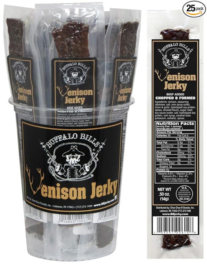 Buffalo Bills Individually Wrapped Venison Jerky 7 Strips (25 venison jerky strips per tub)