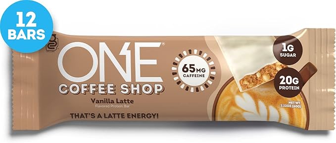 ONE Protein Bars Peanut Butter Cup Gluten Free Protein Bar with 20g Protein and only 1g Sugar &amp Coffee Shop Protein Bars + Caffeine Vanilla Latte Gluten Free with 20g Protein and 1g Sugar