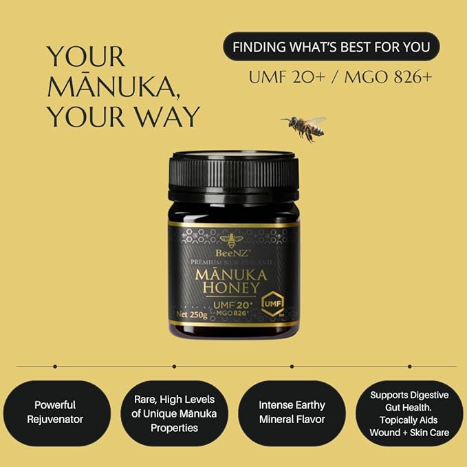 BeeNZ Raw Manuka Honey Certified UMF 20+ (MGO 829+) Pure New Zealand Manuka Natural Sweetener Superfood Honey for Wellness Support No Sugar Added Traceable from Hive to Jar Travel Friendly Size