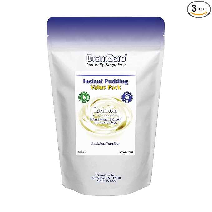 GramZero Lemon Sugar Free Pudding Mix 6-Pack Great For Nutrition Club Meal Replacement Shakes Low Calorie Dessert Stevia Sweetened