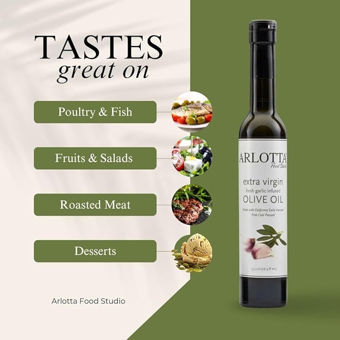 500ml Organic Garlic Infused Extra Virgin Olive Oil Cold Pressed | California EVOO Kosher by Arlotta Food Studio | Savory Cooking Oil for Pasta Vegetables Bread Dipping Marinades | USA Made