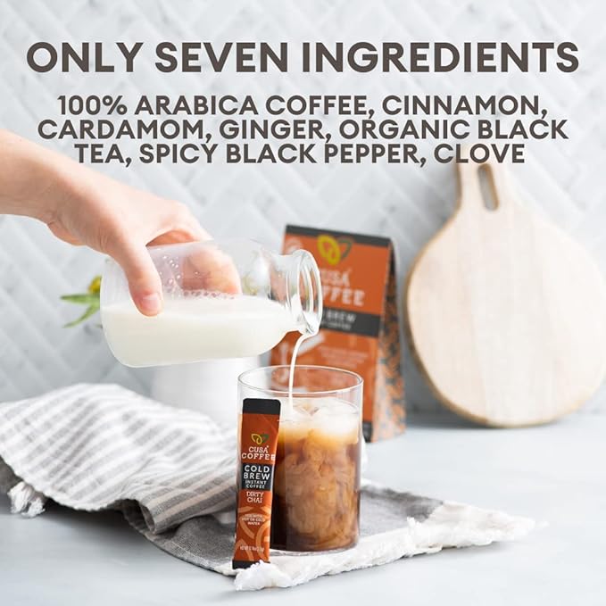 Cusa Tea &amp Coffee Dirty Chai Cold Brew. Premium Instant Coffee Rainforest Alliance Certified Arabica Beans. Drink Mix Packets Ready in Seconds Makes Hot or Iced Coffee (30 Servings)