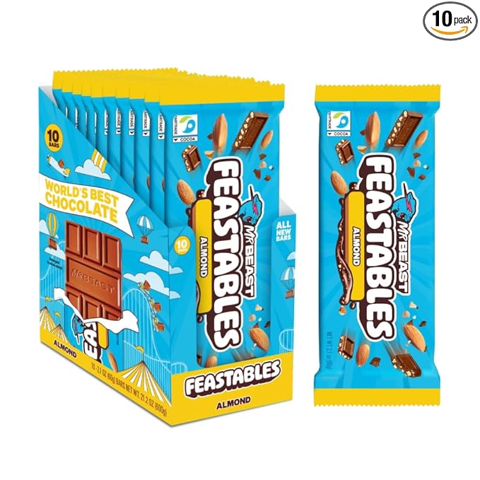 MrBeast Feastables Almond Milk Chocolate Bar King Size 10 Count Roasted Almond Chocolate Candy Fairtrade Cocoa 2.1oz Each