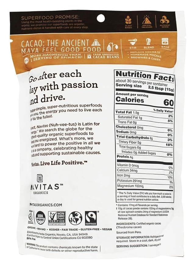 Navitas Organics Cacao Powder Bags 30 Servings 1 Pound (Pack of 1) 16 Ounce