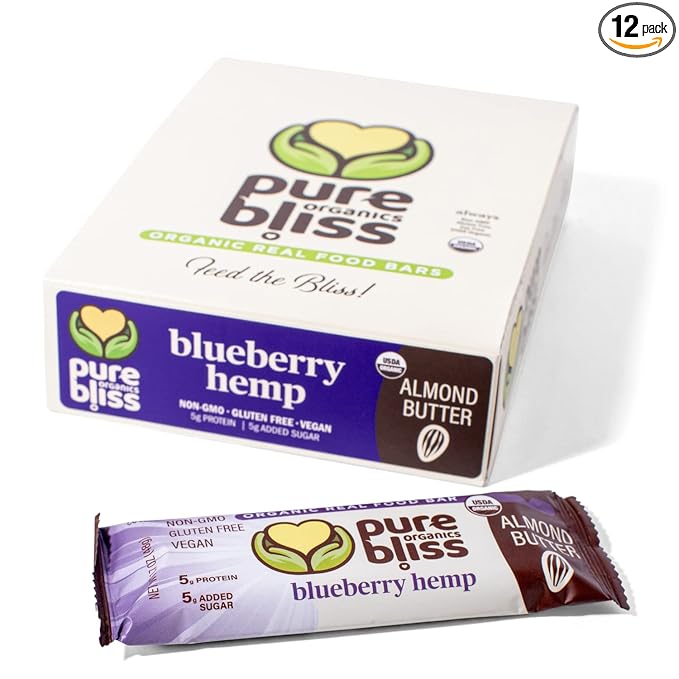 Organic Real Food Bar (Blueberry Hemp) Non-GMO Gluten Free Vegan Nutrition Bars Energy Bars Super Food Simple Ingredients Best Tasting Healthy Snack Breakfast Bars Dairy Free Soy Free Pure