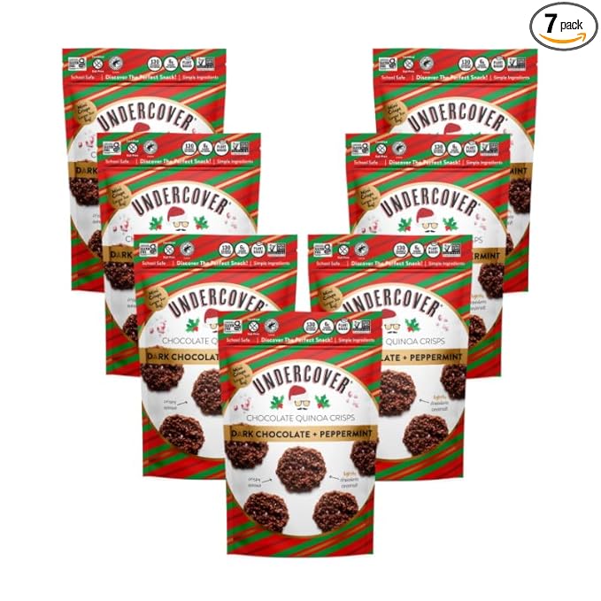 Undercover Snacks Chocolate Quinoa Crisps - Dark Chocolate + Peppermint | 7-Pack 3oz Bags of Mini Crisps | Gluten Free Nut-Free Allergen Friendly Kosher Plant-Based