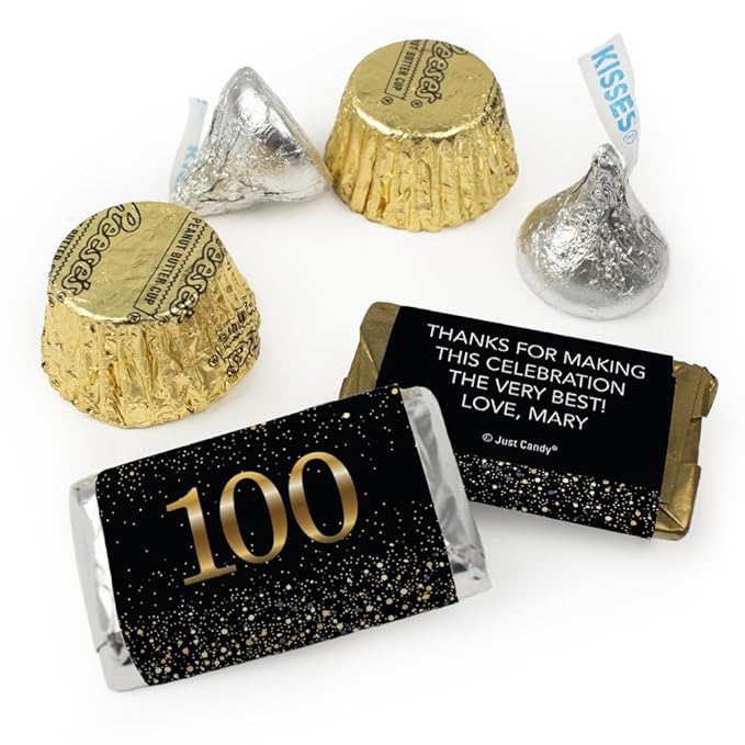 200pcs Personalized 100th Birthday Candy Kit Chocolate Party Favors for Guests Candy Buffet Supplies (Custom Wrapped Miniatures Kisses Peanut Butter Cups) - 100th