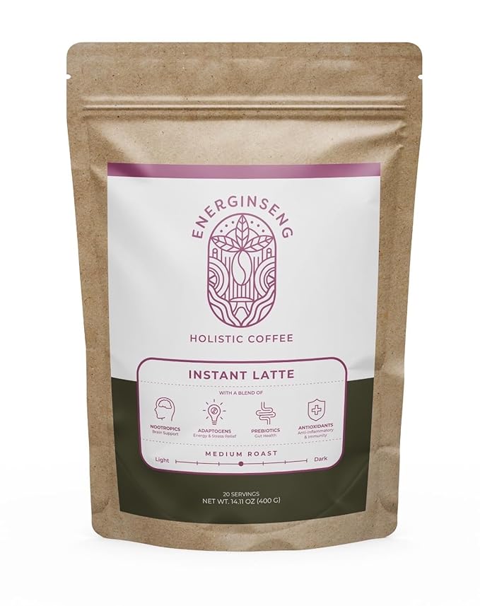 Energinseng Mushroom Coffee Instant Latte – Lion’s Mane Reishi Ginseng Adaptogen Coffee – Instant Coffee Alternative for Energy &amp Focus – Arabica &amp Robusta Blend – 14.11oz