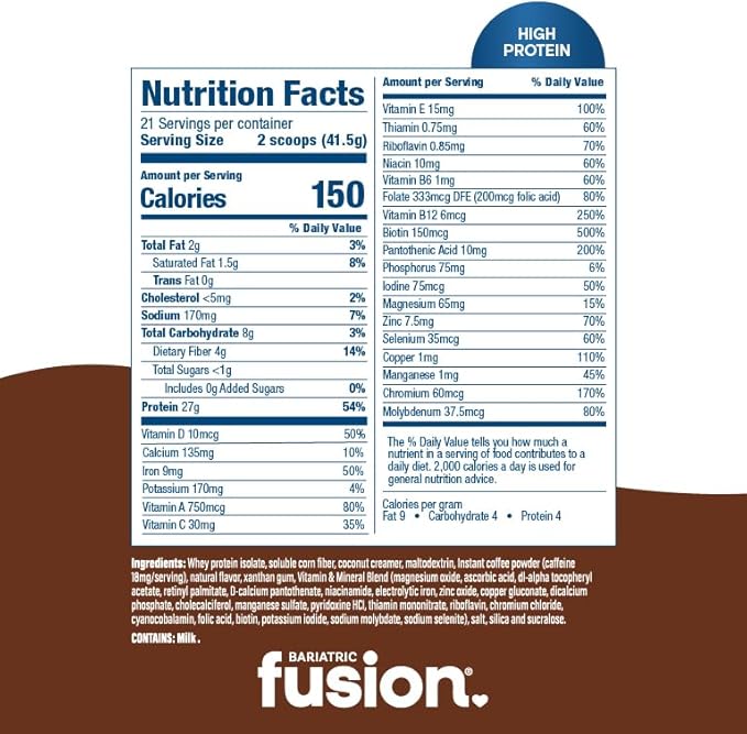Bariatric Fusion Cappucino Meal Replacement 27g Protein Powder 21 Serving Tub for Bariatric Surgery Patients Including Gastric Bypass and Sleeve Gastrectomy - No Gluten Aspartame or Sugar