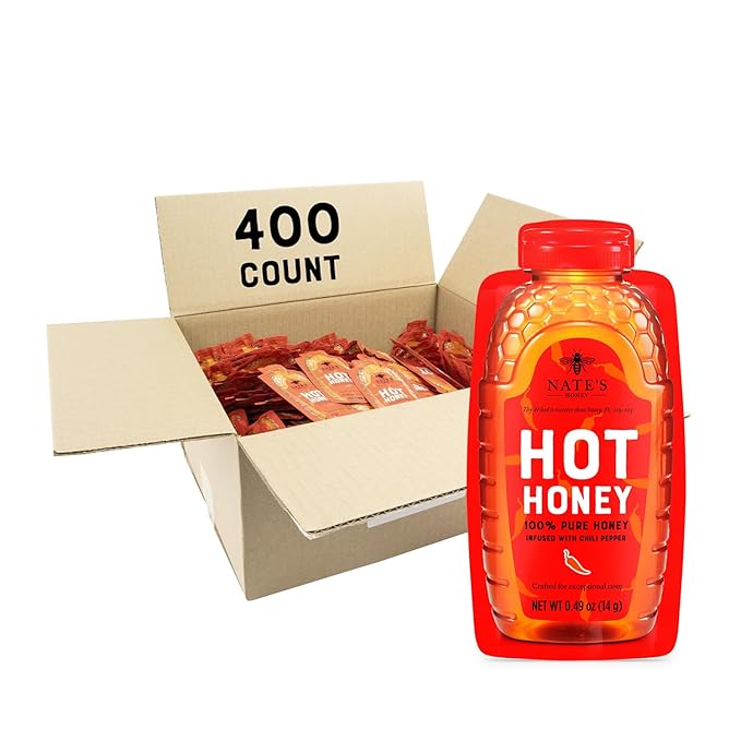 Nate's Bulk 400ct Hot Honey Minis - Single-Serve 100% Pure Honey Infused with Habanero Chili Pepper – 0.49oz Packets 400ct box